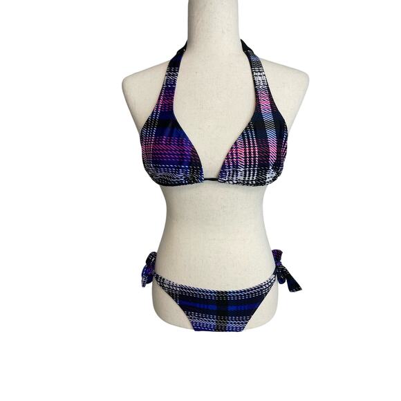 O'Neill two piece plaid tie bikini set triangle tie top bikini style tie bottom - Picture 1 of 5